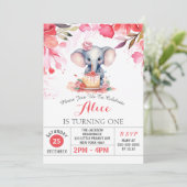 ピンクの花のローズ エレファント バースデーパーティー 招待状 (スタンド正面)