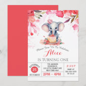 ピンクの花のローズ エレファント バースデーパーティー 招待状 (正面/裏面)