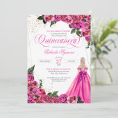 ピンクの花のローズ＆ゴールドエレガントドレスのキンセアニエラI 招待状 (スタンド正面)