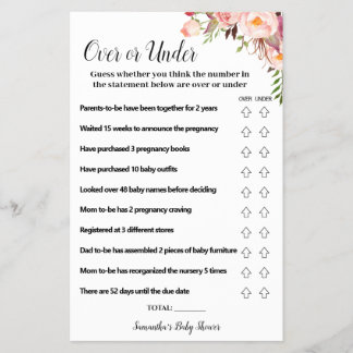 ピンクの花の上または下ベビーシャワーゲームカード チラシ