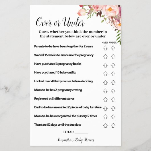 ピンクの花の上または下ベビーシャワーゲームカード チラシ (正面)