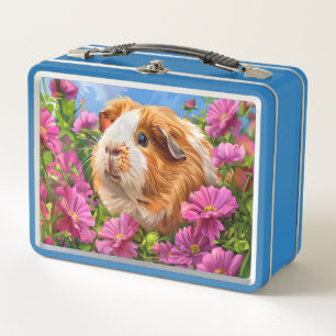 ピンクの花の中のモルモット メタルランチボックス