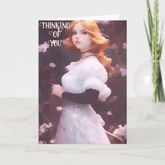 ピンクの花の中の美しい若い女の子ポートレート カード (正面)