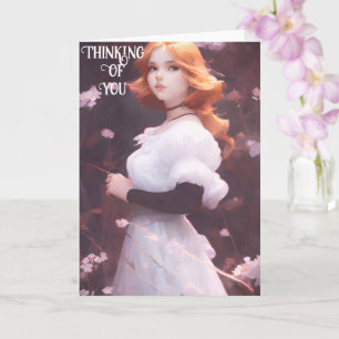 ピンクの花の中の美しい若い女の子ポートレート カード