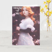 ピンクの花の中の美しい若い女の子ポートレート カード (黄色い花)