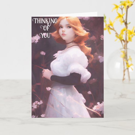 ピンクの花の中の美しい若い女の子ポートレート カード (黄色い花)