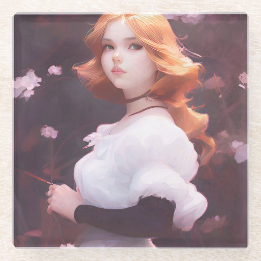 ピンクの花の中の美しい若い女の子ポートレート ガラスコースター (正面)