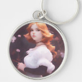 ピンクの花の中の美しい若い女の子ポートレート キーホルダー (正面)