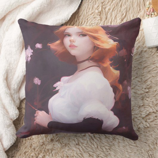 ピンクの花の中の美しい若い女の子ポートレート クッション (ブランケット)