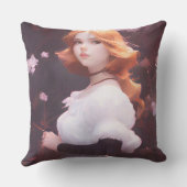 ピンクの花の中の美しい若い女の子ポートレート クッション (裏面)