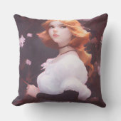 ピンクの花の中の美しい若い女の子ポートレート クッション (正面)