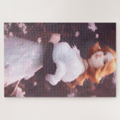 ピンクの花の中の美しい若い女の子ポートレート ジグソーパズル (横)