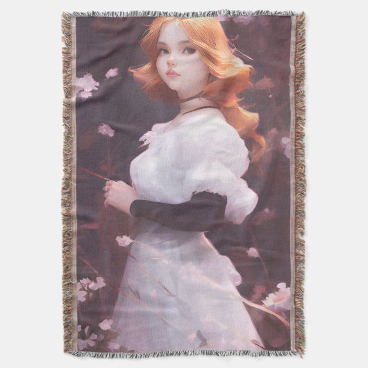 ピンクの花の中の美しい若い女の子ポートレート スローブランケット (正面縦)