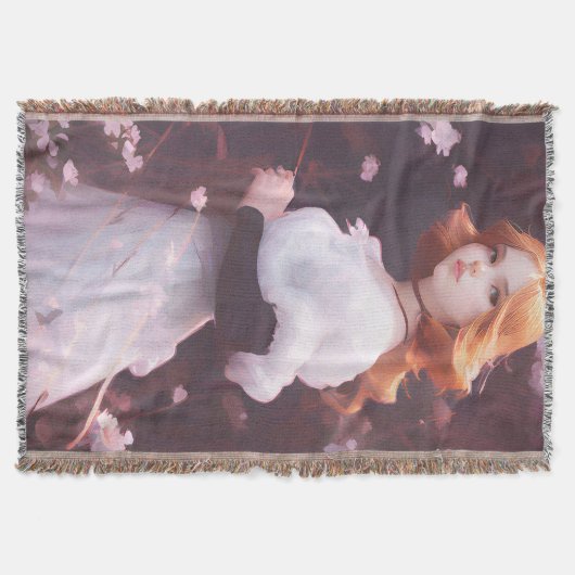 ピンクの花の中の美しい若い女の子ポートレート スローブランケット (正面)