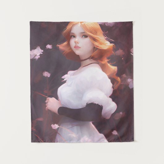 ピンクの花の中の美しい若い女の子ポートレート タペストリー (正面)