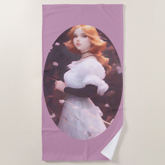 ピンクの花の中の美しい若い女の子ポートレート ビーチタオル (正面)