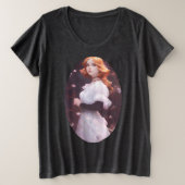 ピンクの花の中の美しい若い女の子ポートレート プラスサイズTシャツ (デザイン正面)