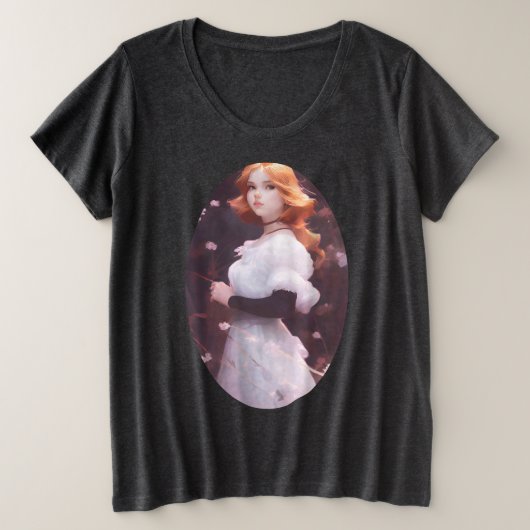 ピンクの花の中の美しい若い女の子ポートレート プラスサイズTシャツ (デザイン正面)