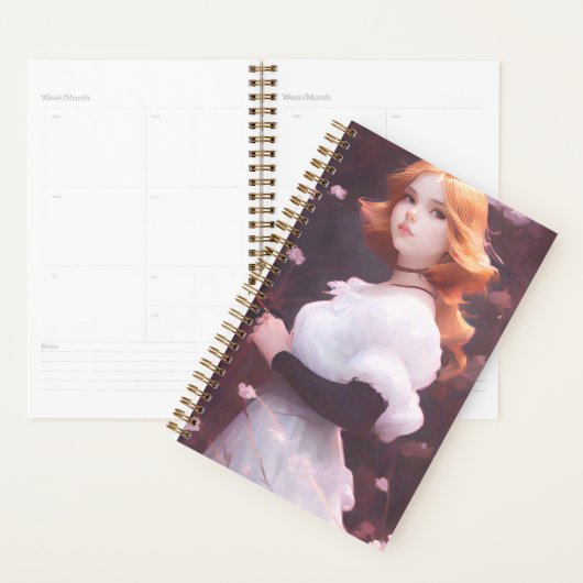 ピンクの花の中の美しい若い女の子ポートレート プランナー手帳 (ディスプレー)