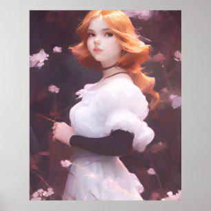 ピンクの花の中の美しい若い女の子ポートレート ポスター