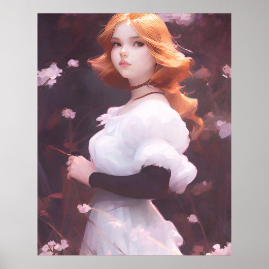 ピンクの花の中の美しい若い女の子ポートレート ポスター (正面)