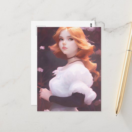 ピンクの花の中の美しい若い女の子ポートレート ポストカード (正面/裏面インサイチュ)