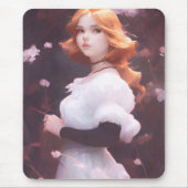 ピンクの花の中の美しい若い女の子ポートレート マウスパッド (正面)