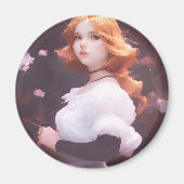 ピンクの花の中の美しい若い女の子ポートレート マグネット (正面)