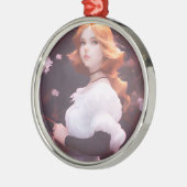 ピンクの花の中の美しい若い女の子ポートレート メタルオーナメント (左)