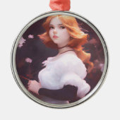 ピンクの花の中の美しい若い女の子ポートレート メタルオーナメント (正面)