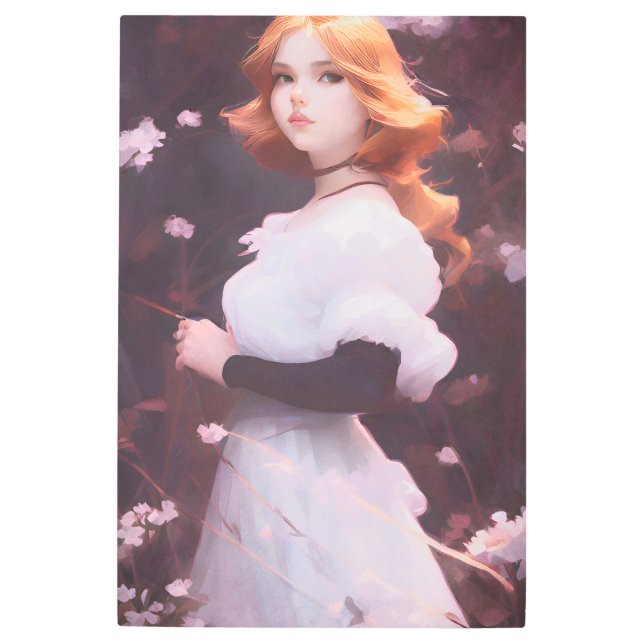 ピンクの花の中の美しい若い女の子ポートレート メタルプリント (正面)