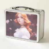 ピンクの花の中の美しい若い女の子ポートレート メタルランチボックス (裏面)