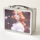 ピンクの花の中の美しい若い女の子ポートレート メタルランチボックス (正面)