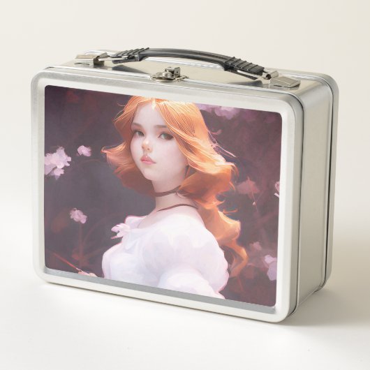 ピンクの花の中の美しい若い女の子ポートレート メタルランチボックス (正面)