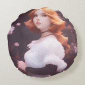 ピンクの花の中の美しい若い女の子ポートレート ラウンドクッション (裏面)