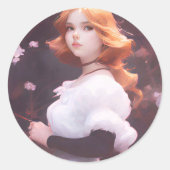 ピンクの花の中の美しい若い女の子ポートレート ラウンドシール (正面)