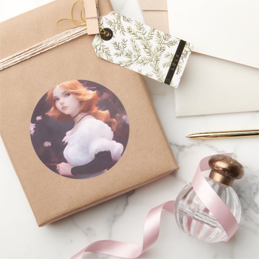 ピンクの花の中の美しい若い女の子ポートレート ラウンドシール (ギフト)