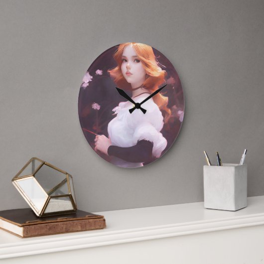 ピンクの花の中の美しい若い女の子ポートレート ラージ壁時計 (オフィス)
