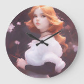 ピンクの花の中の美しい若い女の子ポートレート ラージ壁時計 (正面)