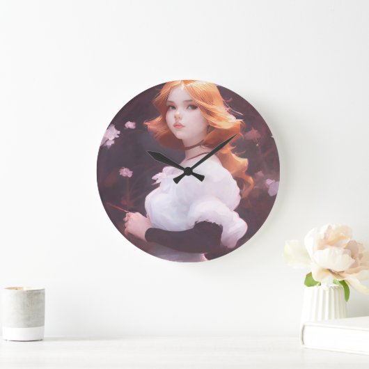 ピンクの花の中の美しい若い女の子ポートレート ラージ壁時計 (ホーム)