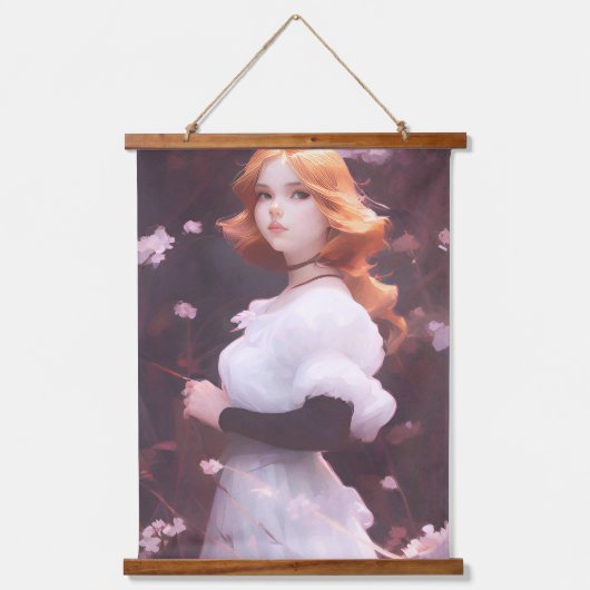 ピンクの花の中の美しい若い女の子ポートレート 吊り下げ型タペストリー (正面)