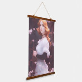 ピンクの花の中の美しい若い女の子ポートレート 吊り下げ型タペストリー (傾斜あり)