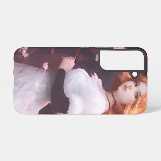 ピンクの花の中の美しい若い女の子ポートレート SAMSUNG GALAXYケース (裏面横)