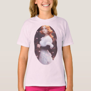 ピンクの花の中の美しい若い女の子ポートレート Tシャツ