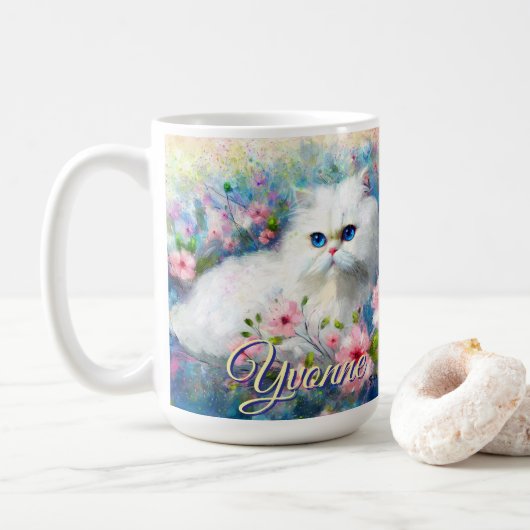 ピンクの花の中の青い目のペルシャ猫 パーソナライズデザイン コーヒーマグカップ (ドーナツ)