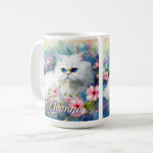 ピンクの花の中の青い目のペルシャ猫 パーソナライズデザイン コーヒーマグカップ (正面左)