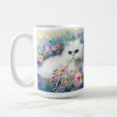 ピンクの花の中の青い目のペルシャ猫 パーソナライズデザイン コーヒーマグカップ (左)