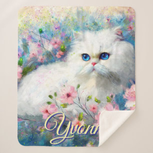 ピンクの花の中の青い目のペルシャ猫 パーソナライズデザイン シェルパブランケット