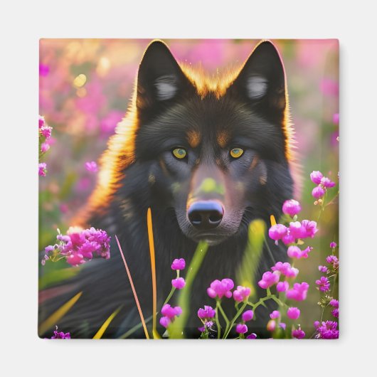 ピンクの花の中の黒狼 マグネット (正面)