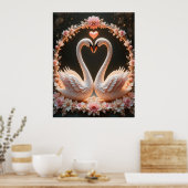 ピンクの花の中エレガントでロマンチックな白鳥のペア ポスター (キッチン)